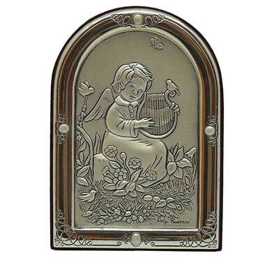 Myros - Little Girl Playing Harp Figure With Bi-Laminated Silver Plaque And Wooden Back Desktop Decor 61x80 mm