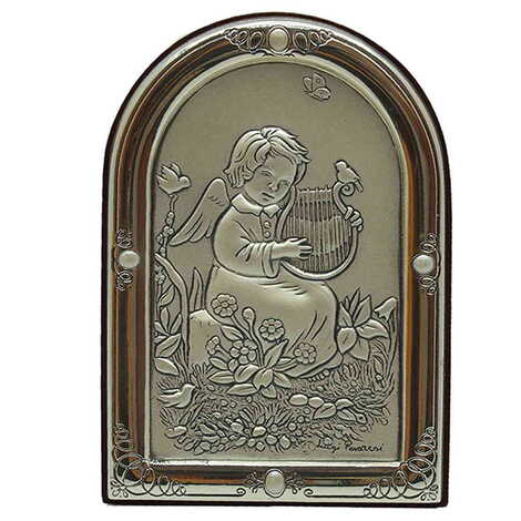 Little Girl Playing Harp Figure With Bi-Laminated Silver Plaque And Wooden Back Desktop Decor 61x80 mm