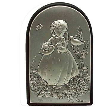 Myros - Little Girl Playing Musical Instrument Figure With Bi-Laminated Silver Plaque And Wooden Back Desktop Decor 40x60 mm