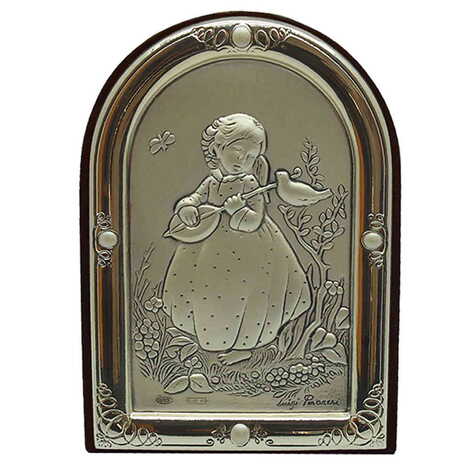 Little Girl Playing Musical Instrument Figure With Bi-Laminated Silver Plaque And Wooden Back Desktop Decor 63x80 mm