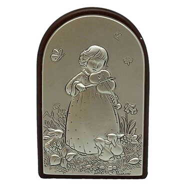 Myros - Little Girl Playing The Violin Figure With Bi-Laminated Silver Plaque And Wooden Back Desktop Decor 40x60 mm