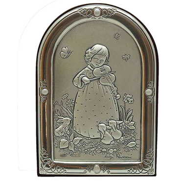 Myros - Little Girl Playing The Violin Figure With Bi-Laminated Silver Plaque And Wooden Back Desktop Decor 60x80 mm