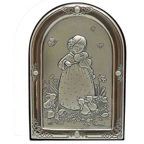 Little Girl Playing The Violin Figure With Bi-Laminated Silver Plaque And Wooden Back Desktop Decor 60x80 mm