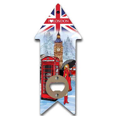 Myros - London Themed Arrow Shaped Printed MDF Wooden Bottle Opener 193x82 mm