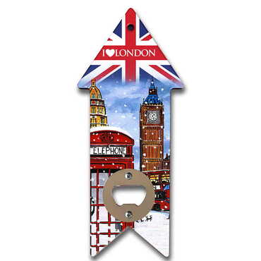 London Themed Arrow Shaped Printed MDF Wooden Bottle Opener 193x82 mm - Thumbnail