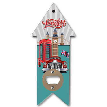 London Themed Arrow Shaped Printed MDF Wooden Bottle Opener 193x82 mm - Thumbnail