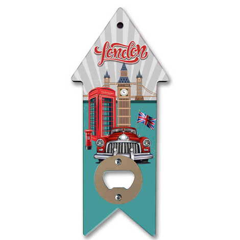 London Themed Arrow Shaped Printed MDF Wooden Bottle Opener 193x82 mm