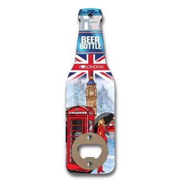 London Themed Beer Bottle Shaped Printed MDF Wooden Bottle Opener 200x59 mm - Thumbnail