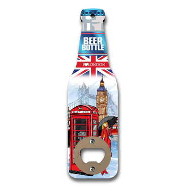 London Themed Beer Bottle Shaped Printed MDF Wooden Bottle Opener 200x59 mm - Thumbnail