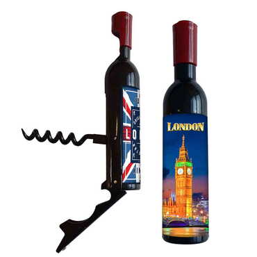 Myros - London Themed Bottle Shaped Metal Wine Bottle Corkscrew Opener-Magnetic 115x25x25 mm