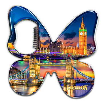 London Themed Butterfly Shaped Metal Magnetic Bottle Opener 70x70 mm - Thumbnail