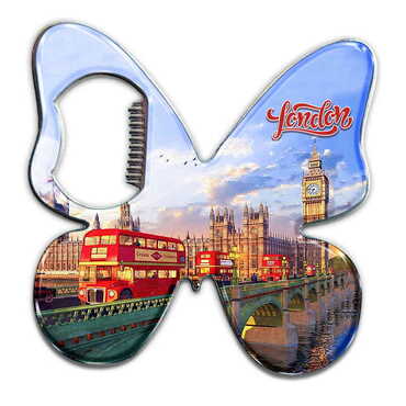 London Themed Butterfly Shaped Metal Magnetic Bottle Opener 70x70 mm - Thumbnail