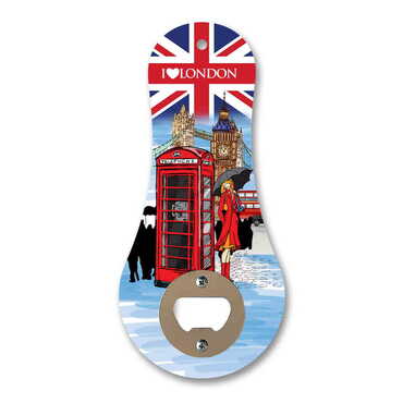 Myros - London Themed Classic Shaped Printed MDF Wooden Bottle Opener 170x79 mm