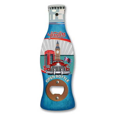 Myros - London Themed Coke Bottle Shaped Printed MDF Wooden Bottle Opener 200x66 mm