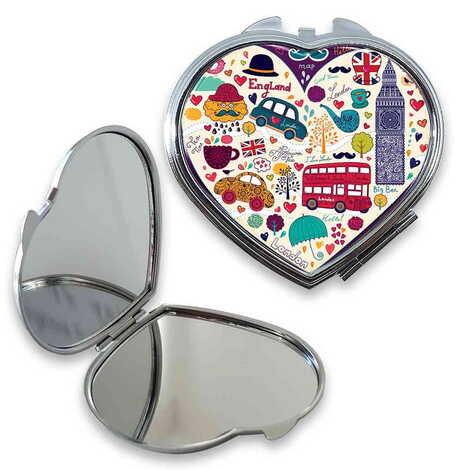 London Themed Customised Metal Epoxy Travel Make Up Compact Heart Shaped Mirror 70x65x8 mm - 1