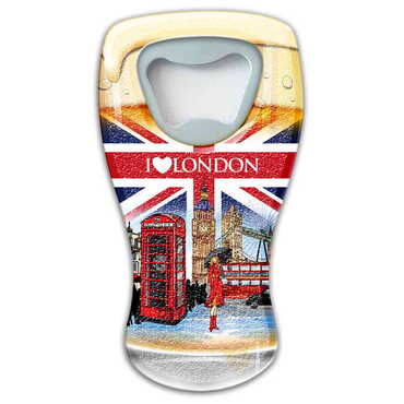 Myros - London Themed Customised UV Printed Beer Glass Shape Plastic Base Bottle Opener 52x97 mm