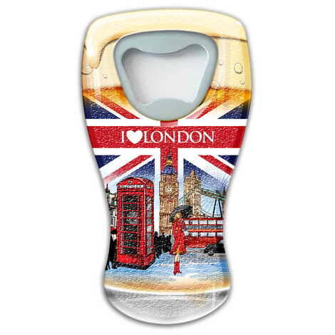 London Themed Customised UV Printed Beer Glass Shape Plastic Base Bottle Opener 52x97 mm