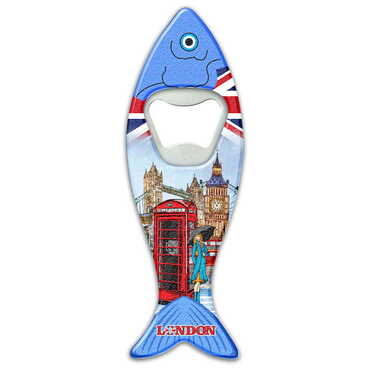 Myros - London Themed Customised UV Printed Fish Shape Printed Plastic Base Bottle Opener 42x130 mm