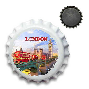London Themed Customised UV Printed Metal Crown Cap Shaped Fridge Magnet 30 mm - Myros