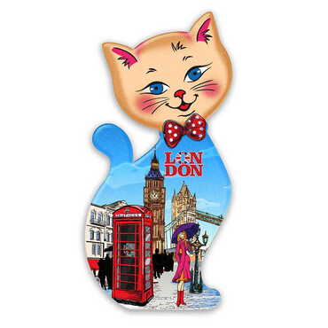 Myros - London Themed Customised UV Printed Plastic Base Cat Shaped Fridge Magnet 43x87 mm