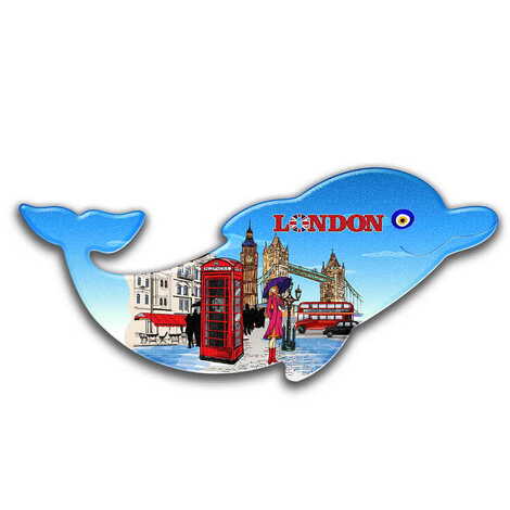 London Themed Customised UV Printed Plastic Base Dolphin Shaped Fridge Magnet 110x50 mm