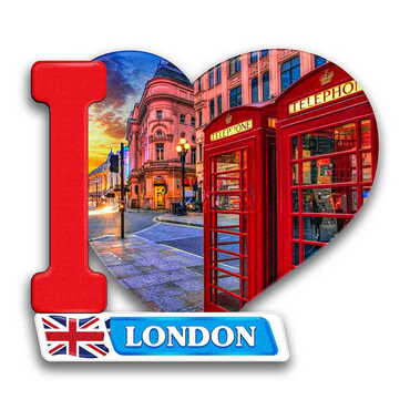 Myros - London Themed Customised UV Printed Plastic Base Heart Shaped Fridge Magnet 86x62 mm