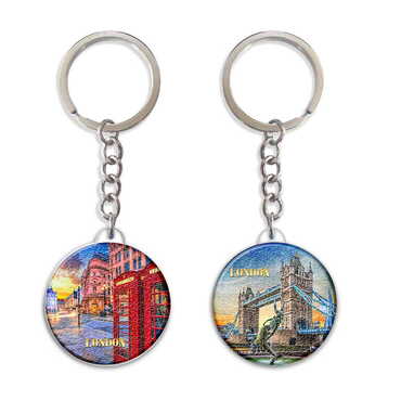 Myros - London Themed Customised Uv Printed Plastic Base Round Keyring 40x108 mm