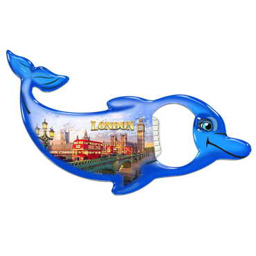 London Themed Dolphin Shaped Metal Magnetic Bottle Opener 102x67 mm - Thumbnail