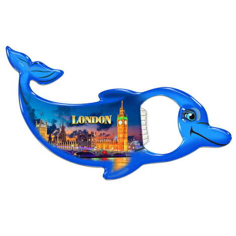 London Themed Dolphin Shaped Metal Magnetic Bottle Opener 102x67 mm