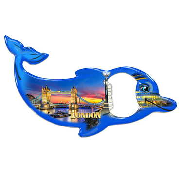 London Themed Dolphin Shaped Metal Magnetic Bottle Opener 102x67 mm - Thumbnail