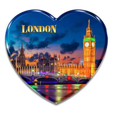 Myros - London Themed Epoxy Dome Heart Souvenir Fridge Magnet 65x60 mm