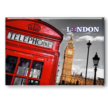 London Themed Epoxy Dome Rectangle Souvenir Fridge Magnet 80x55 mm - Thumbnail