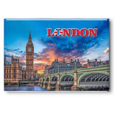 London Themed Epoxy Dome Rectangle Souvenir Fridge Magnet 80x55 mm - Thumbnail