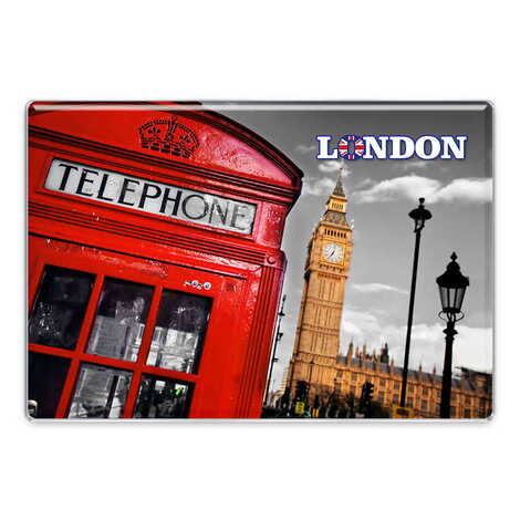 London Themed Epoxy Dome Rectangular Souvenir Fridge Magnet 95x65 mm