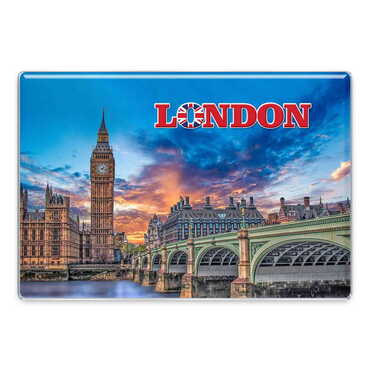 London Themed Epoxy Dome Rectangular Souvenir Fridge Magnet 95x65 mm - Thumbnail