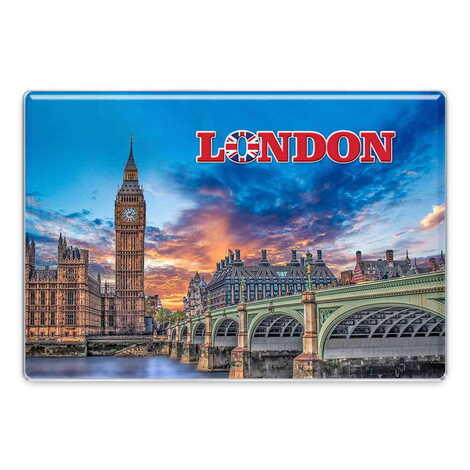 London Themed Epoxy Dome Rectangular Souvenir Fridge Magnet 95x65 mm