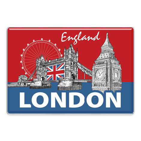 London Themed Epoxy Dome Rectangular Souvenir Fridge Magnet 95x65 mm