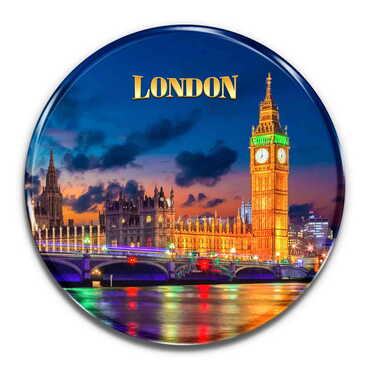 London Themed Epoxy Dome Round Souvenir Fridge Magnet 67 mm - Thumbnail