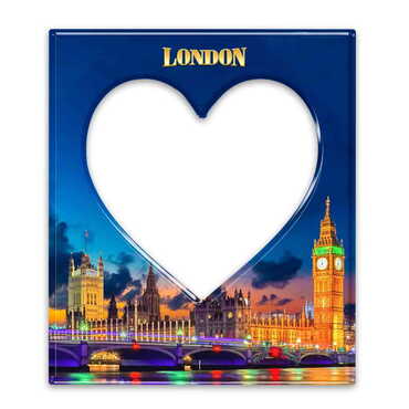 London Themed Epoxy Dome Souvenir Magnetic Heart Shaped Photo Frame 95x110 mm - Myros