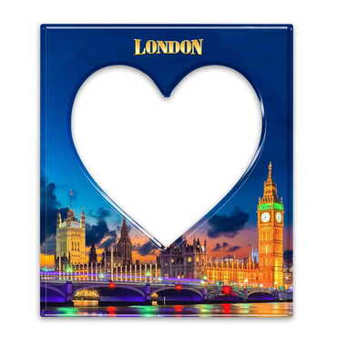 Myros - London Themed Epoxy Dome Souvenir Magnetic Heart Shaped Photo Frame 95x110 mm