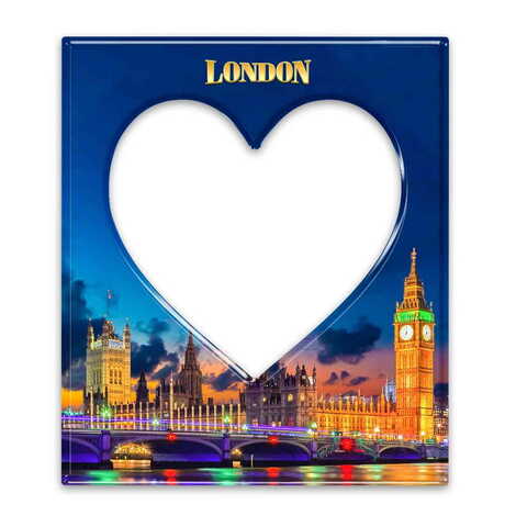 London Themed Epoxy Dome Souvenir Magnetic Heart Shaped Photo Frame 95x110 mm