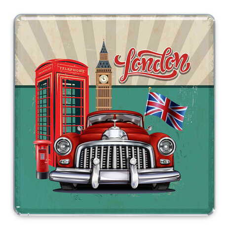 London Themed Epoxy Dome Square Souvenir Fridge Magnet 65x65 mm