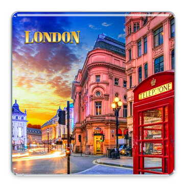 London Themed Epoxy Dome Square Souvenir Fridge Magnet 65x65 mm - Thumbnail