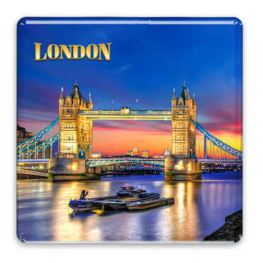 London Themed Epoxy Dome Square Souvenir Fridge Magnet 65x65 mm - Thumbnail