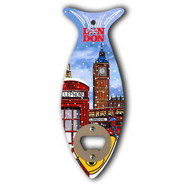 London Themed Fish Shaped Printed MDF Wooden Bottle Opener 190x70 mm - Thumbnail