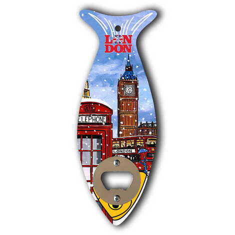 London Themed Fish Shaped Printed MDF Wooden Bottle Opener 190x70 mm