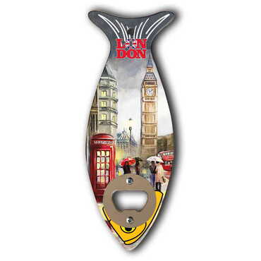 London Themed Fish Shaped Printed MDF Wooden Bottle Opener 190x70 mm - Thumbnail