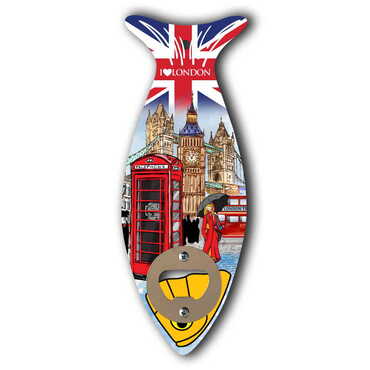 London Themed Fish Shaped Printed MDF Wooden Bottle Opener 190x70 mm - Thumbnail