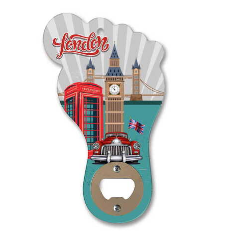 London Themed Foot Shaped Printed MDF Wooden Bottle Opener 160x92 mm