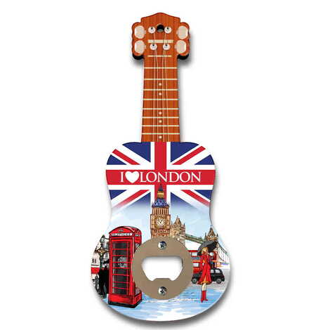 London Themed Guitar Shaped Printed MDF Wooden Bottle Opener 200x89 mm